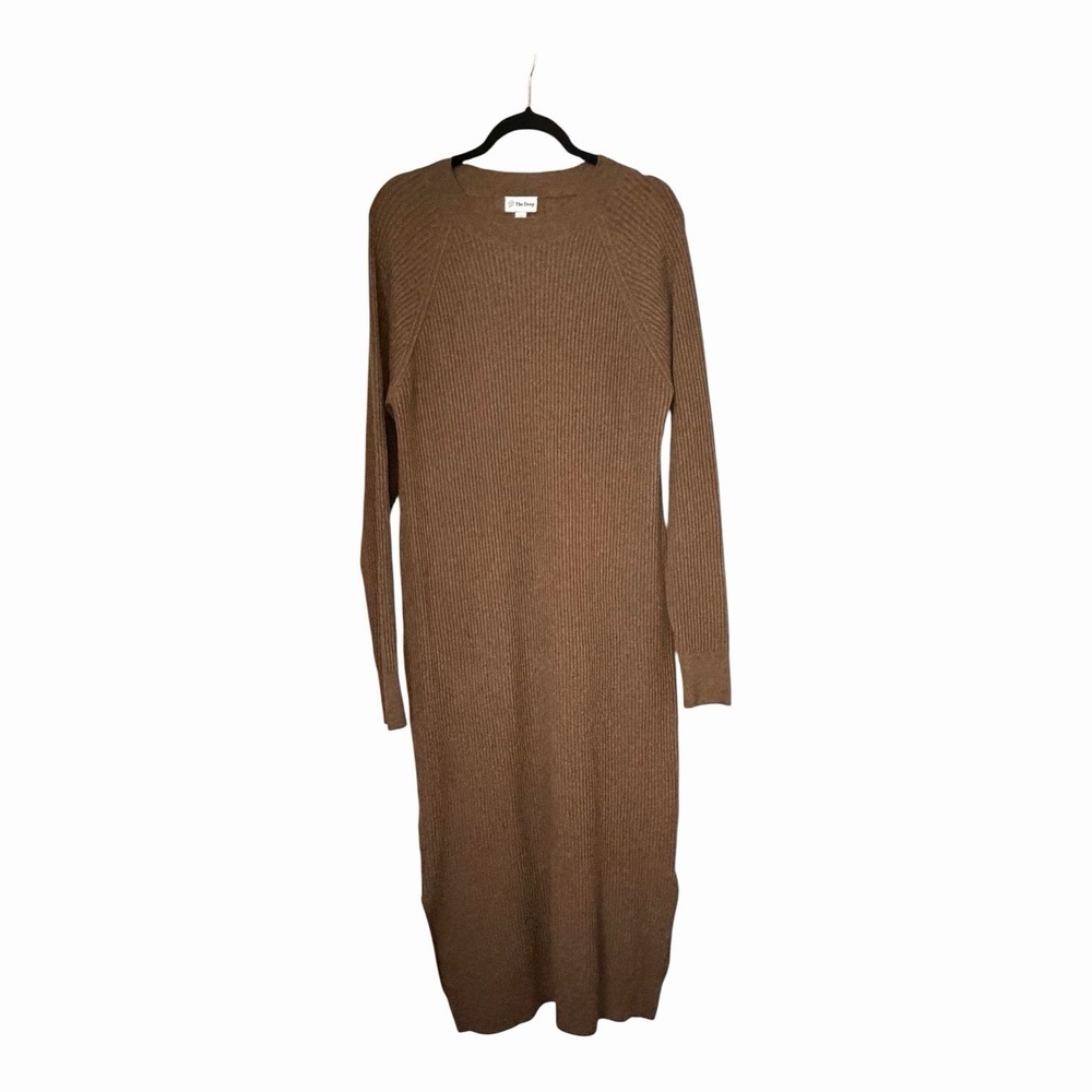 The Drop Sweater Dress Womens L Brown Ribbed Knit Midi Long Sleeve Side Slit